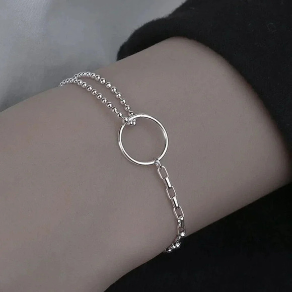 925 Sterling Silver Dainty Beaded Chain Link Circle Bracelet - Picture 1 of 7